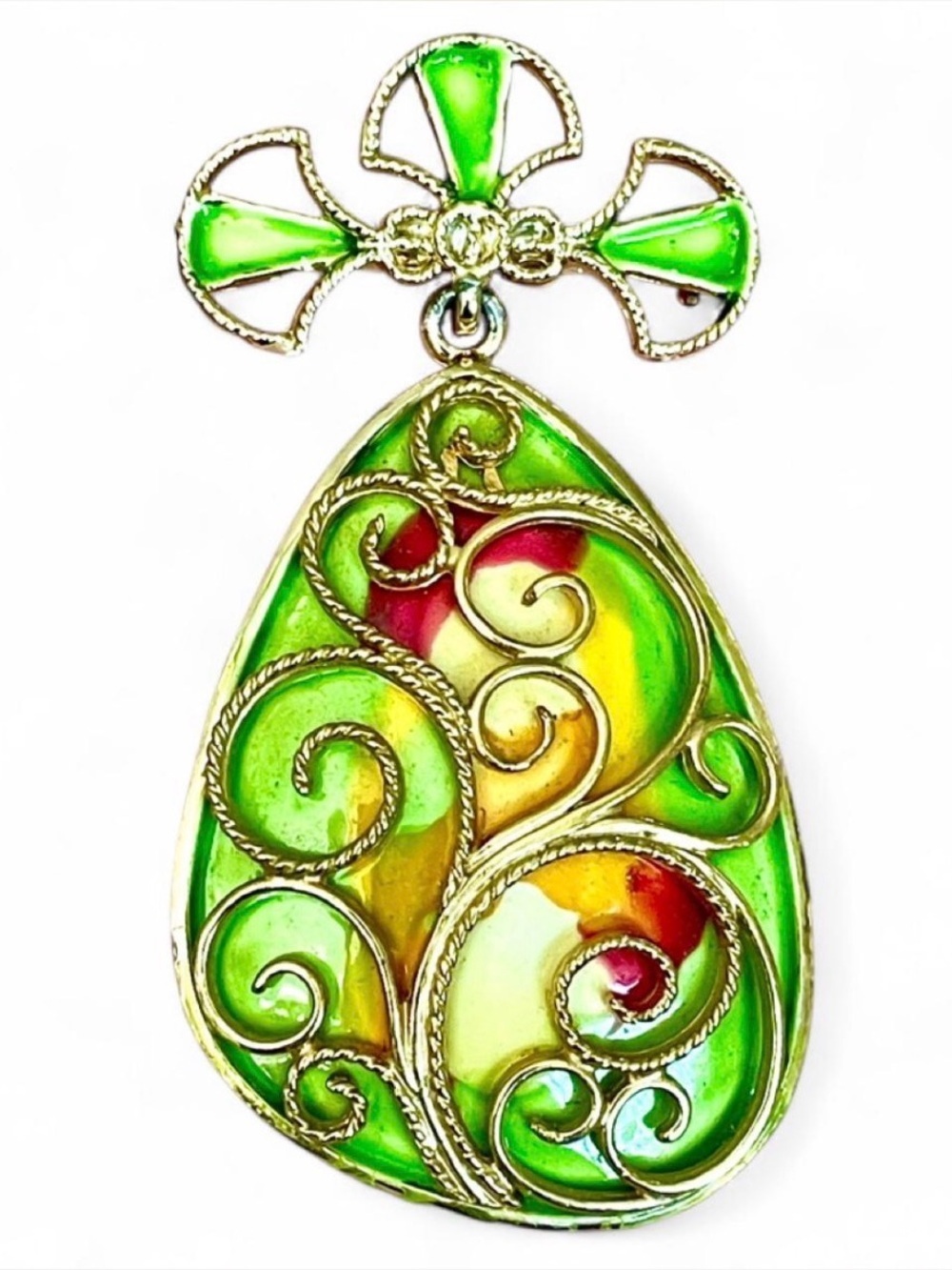 Hollycraft 1950s Vintage Enamel Dangle Brooch Pin Green Red Yellow Gold Tone MCM